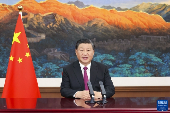 9月2日晚，国家主席习近平在2021年中国国际服务贸易交易会全球服务贸易峰会上发表视频致辞。 新华社记者 黄敬文 摄